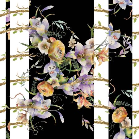 Watercolor painting of leaf and flowers, seamless pattern on dark backgroundの写真素材