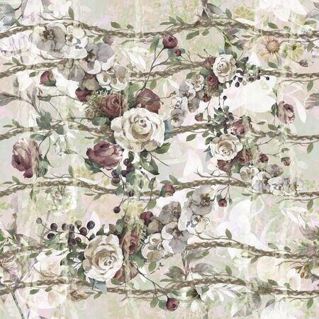 Watercolor painting of leaf and flowers, seamless pattern on gray backgroundの写真素材