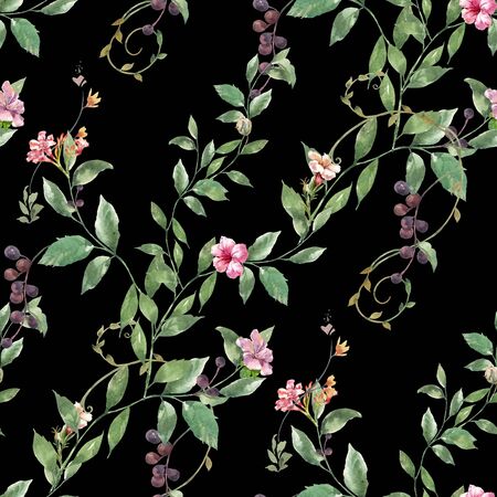 Watercolor painting of leaf and flowers, seamless pattern on dark backgroundの写真素材