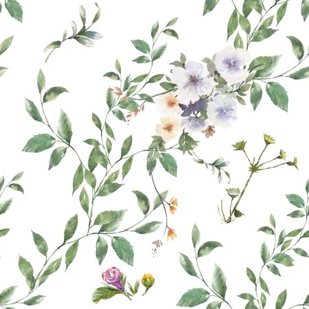 Watercolor painting of leaf and flowers, seamless pattern on white backgroundの写真素材
