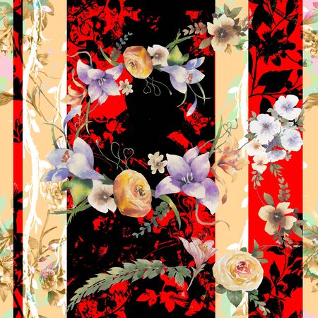 Watercolor painting of leaf and flowers, seamless pattern on dark backgroundの写真素材