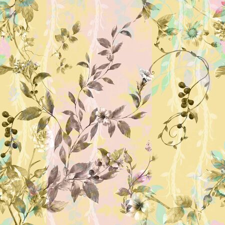 Watercolor painting of leaf and flowers, seamless patternの写真素材