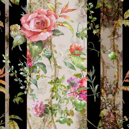 Watercolor painting of leaf and flowers, seamless pattern on dark backgroundの写真素材