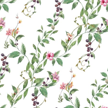 Watercolor painting of leaf and flowers, seamless pattern on white backgroundの写真素材