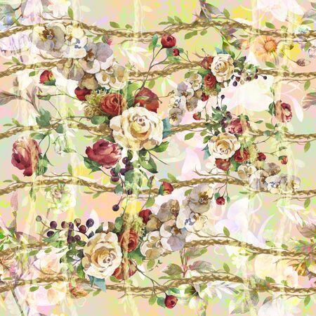Watercolor painting of leaf and flowers, seamless patternの写真素材