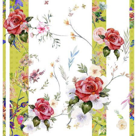 Watercolor painting of leaf and flowers, seamless pattern on white backgroundの写真素材