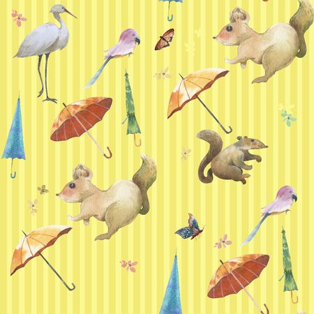 Watercolor painting of Cute animal,flower seamless patternの写真素材