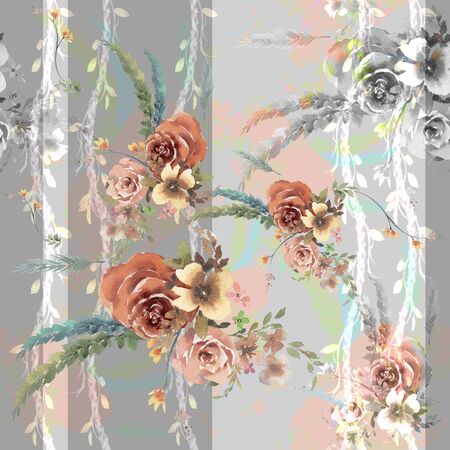 Watercolor painting of leaf and flowers, seamless pattern on gray backgroundの写真素材
