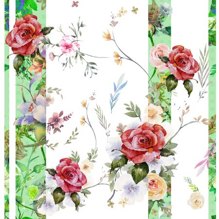 Watercolor painting of leaf and flowers, seamless pattern on white backgroundの写真素材