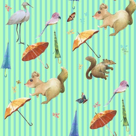 Watercolor painting of Cute animal,flower seamless patternの写真素材