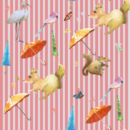 Watercolor painting of Cute animal,flower seamless patternの写真素材
