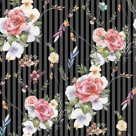 Watercolor painting of leaf and flowers, seamless pattern on dark backgroundの写真素材