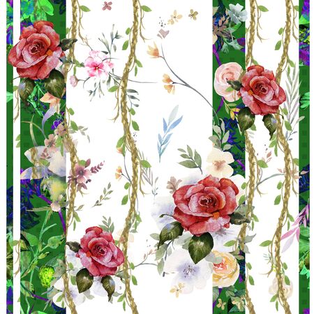 Watercolor painting of leaf and flowers, seamless pattern on white backgroundの写真素材