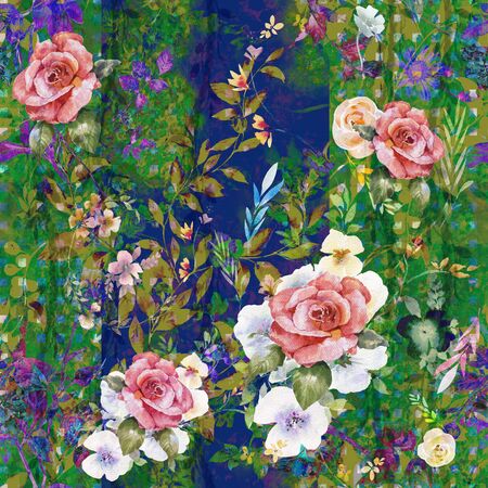 Watercolor painting of leaf and flowers, seamless patternの写真素材