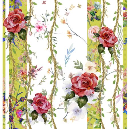 Watercolor painting of leaf and flowers, seamless pattern on white backgroundの写真素材