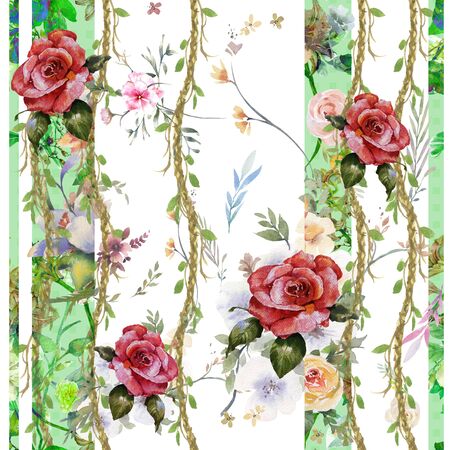Watercolor painting of leaf and flowers, seamless pattern on white backgroundの写真素材