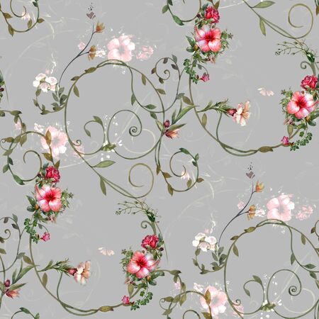 Watercolor painting of leaf and flowers, seamless pattern on gray backgroundの写真素材