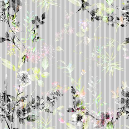 Watercolor painting of leaf and flowers, seamless pattern on gray backgroundの写真素材