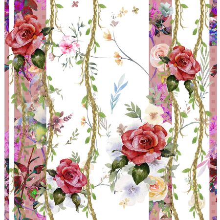 Watercolor painting of leaf and flowers, seamless pattern on white backgroundの写真素材