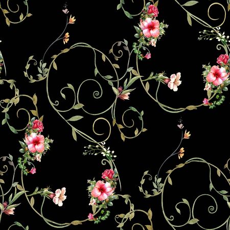 Watercolor painting of leaf and flowers, seamless pattern on dark backgroundの写真素材