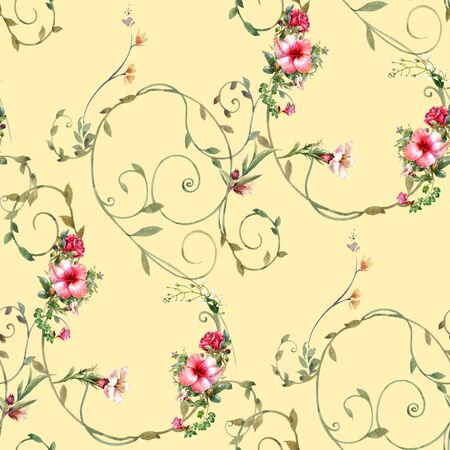 Watercolor painting of leaf and flowers, seamless patternの写真素材