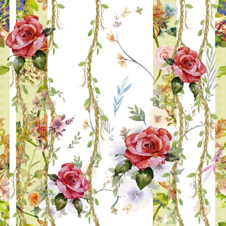 Watercolor painting of leaf and flowers, seamless pattern on white backgroundの写真素材