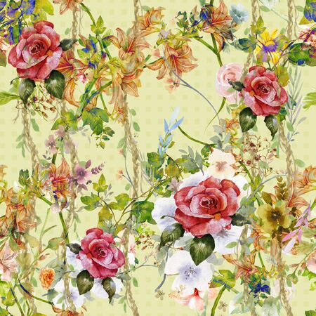 Watercolor painting of leaf and flowers, seamless patternの写真素材