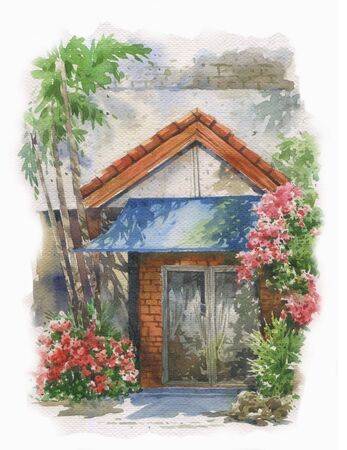 Abstract colorful flowers watercolor painting. Spring  with buildings and wallsの写真素材