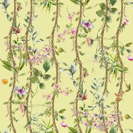 Watercolor painting of leaf and flowers, seamless patternの写真素材