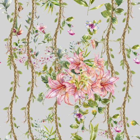 Watercolor painting of leaf and flowers, seamless pattern on gray backgroundの写真素材