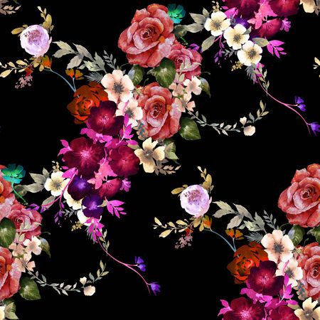 Watercolor painting of leaf and flowers, seamless pattern on dark backgroundの写真素材