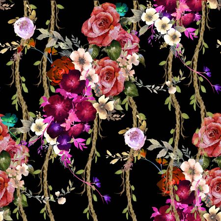 Watercolor painting of leaf and flowers, seamless pattern on dark backgroundの写真素材