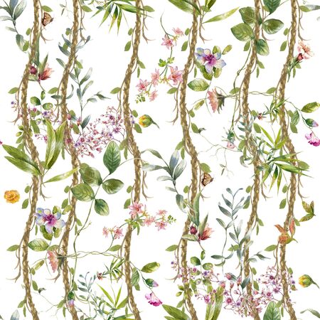 Watercolor painting of leaf and flowers, seamless pattern on white backgroundの写真素材