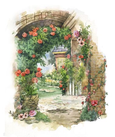 Abstract colorful flowers watercolor painting. Spring  with buildings and wallsの写真素材