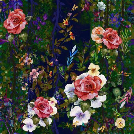 Watercolor painting of leaf and flowers, seamless pattern on dark backgroundの写真素材