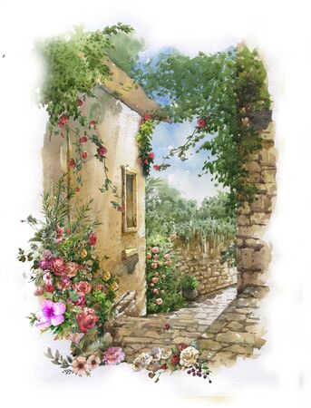Abstract colorful flowers watercolor painting. Spring  with buildings and wallsの写真素材