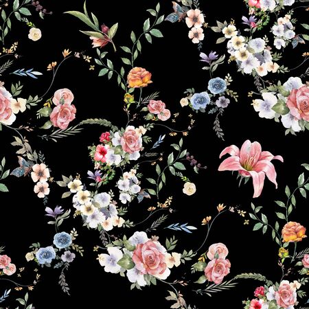 Watercolor painting of leaf and flowers, seamless pattern on dark backgroundの写真素材