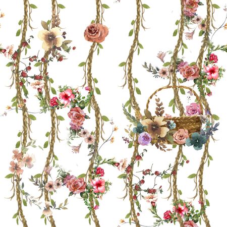 Watercolor painting of leaf and flowers, seamless pattern on white backgroundの写真素材