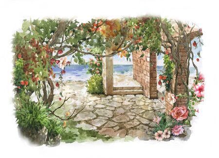 Abstract colorful flowers watercolor painting. Spring  with buildings and walls near the seaの写真素材
