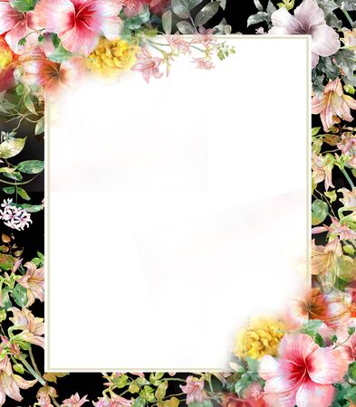watercolor painting of leaves and flower, on white backgroundの写真素材