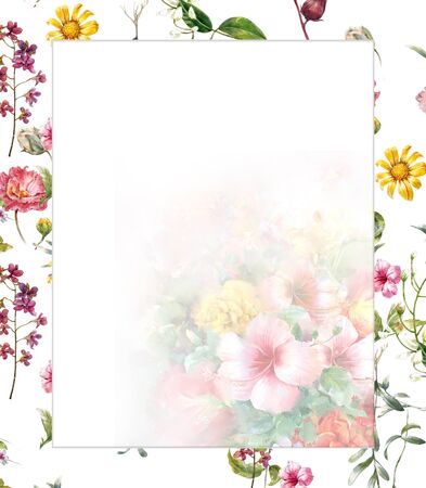 watercolor painting of leaves and flower, on white backgroundの写真素材