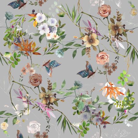 Watercolor painting of leaf and flowers, seamless pattern on gray backgroundの写真素材