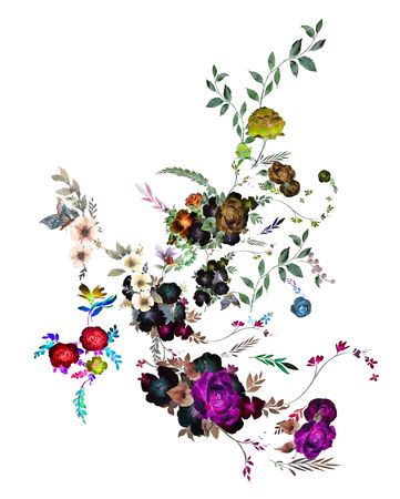 watercolor painting of leaves and flower, on white backgroundの写真素材