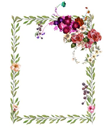 watercolor painting of leaves and flower, on white backgroundの写真素材