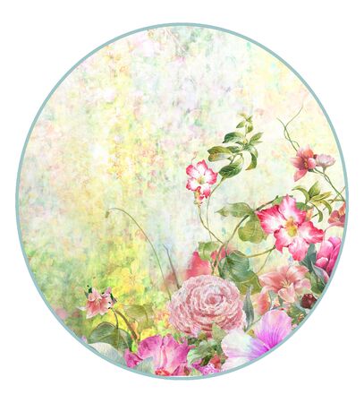 watercolor painting of leaves and flower, on white backgroundの写真素材