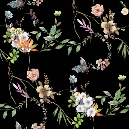 Watercolor painting of leaf and flowers, seamless pattern on dark backgroundの写真素材