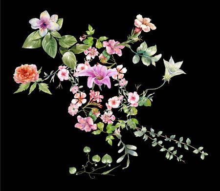 Watercolor painting of leaves and flower, on darkの写真素材