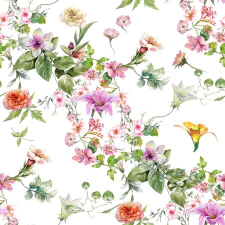 Watercolor painting of leaf and flowers, seamless pattern on whiteの写真素材