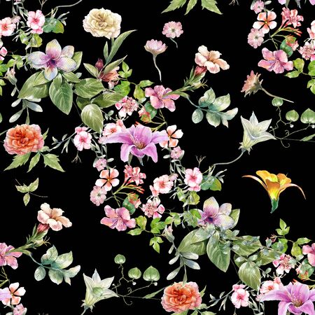 Watercolor painting of leaf and flowers, seamless pattern on darkの写真素材