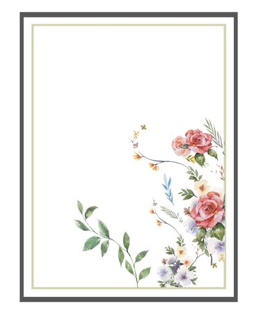 Watercolor painting of leaves and flower, on whiteの写真素材